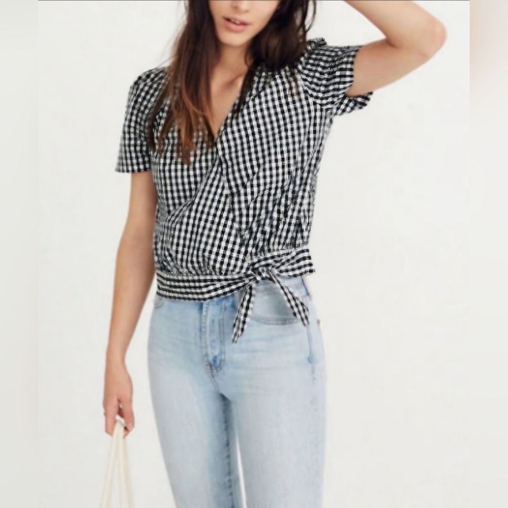 Madewell Black And White Gingham Wrap Top